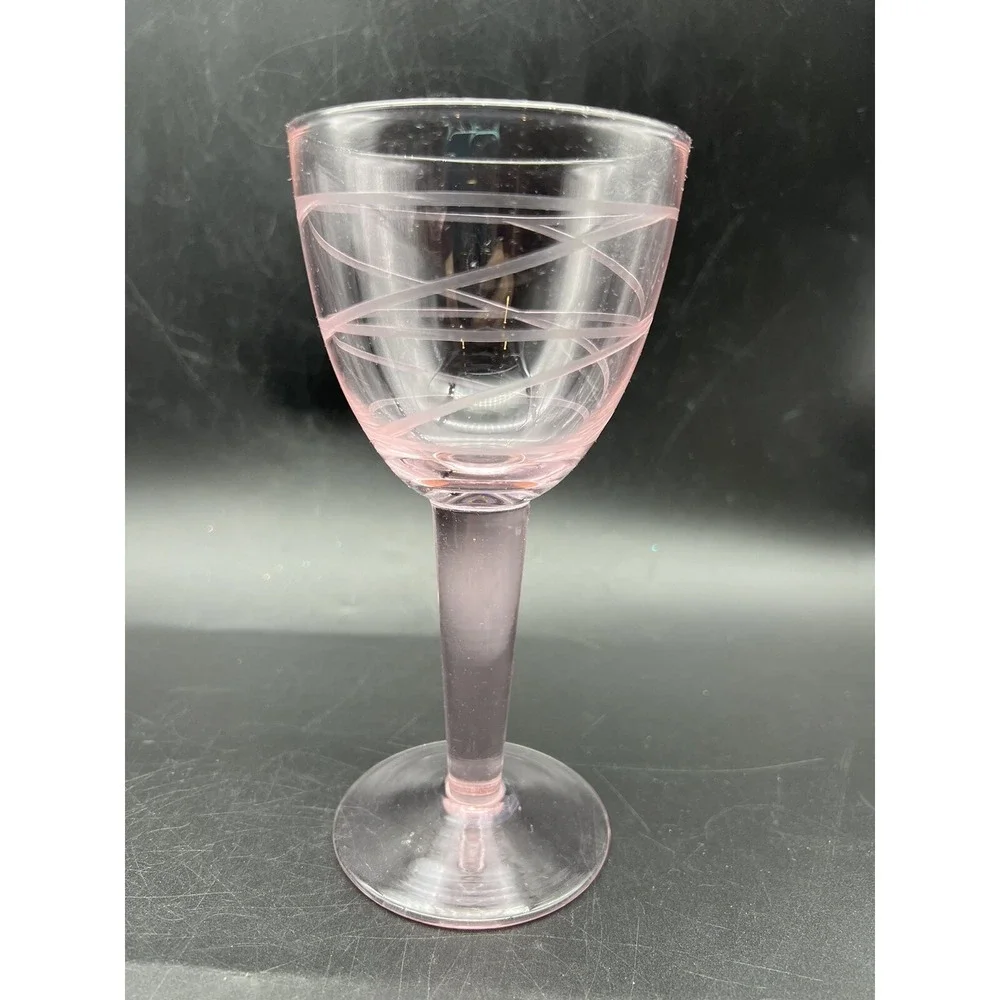Vintage Pink MCM Wine Glasses w Etched Swirl Pattern Thick Stem  7